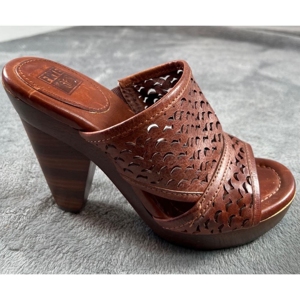 FRYE Sage Shoes 7.5 Brown Leather Cutout Clogs Wood Platform 4" Heels Slides